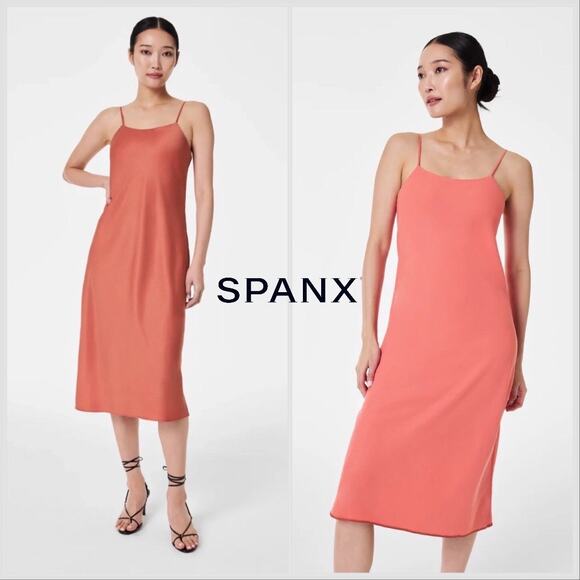 NWT SPANX Carefree Crepe Reversible Slip Midi Dress Coral Orange Sedona - Picture 2 of 14